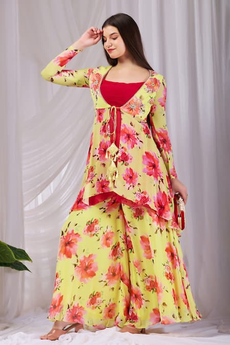 Damoiselle_Yellow Viscose Georgette Beads, Pearls, Stones Floral Print Kurta Palazzo Set _Online_at_Aza_Fashions