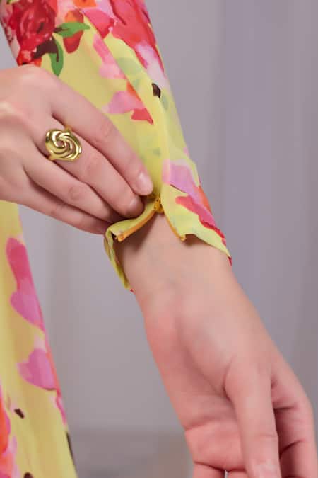 Buy_Damoiselle_Yellow Viscose Georgette Beads, Pearls, Stones Floral Print Kurta Palazzo Set _Online_at_Aza_Fashions