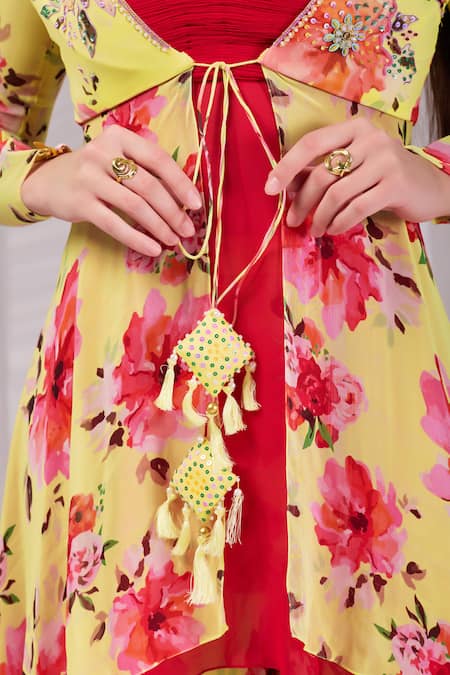 Shop_Damoiselle_Yellow Viscose Georgette Beads, Pearls, Stones Floral Print Kurta Palazzo Set _Online_at_Aza_Fashions