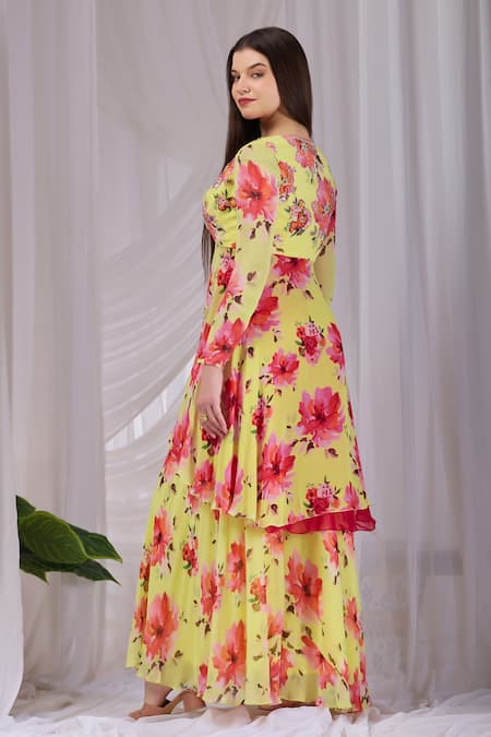 Damoiselle_Yellow Viscose Georgette Beads, Pearls, Stones Floral Print Kurta Palazzo Set _at_Aza_Fashions