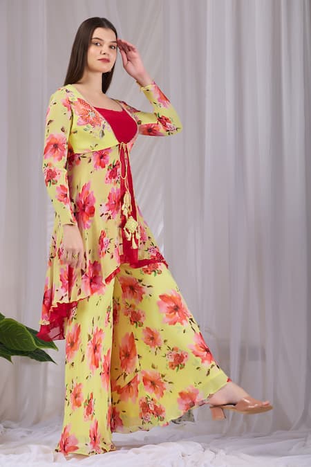 Buy_Damoiselle_Yellow Viscose Georgette Beads, Pearls, Stones Floral Print Kurta Palazzo Set 