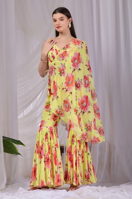 Damoiselle_Yellow Viscose Georgette Sequins, Stones, Citrus Bloom Draped Cape Sharara Set _Online_at_Aza_Fashions