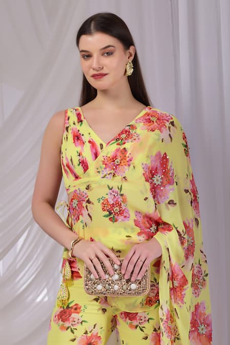 Buy_Damoiselle_Yellow Viscose Georgette Sequins, Stones, Citrus Bloom Draped Cape Sharara Set _Online_at_Aza_Fashions
