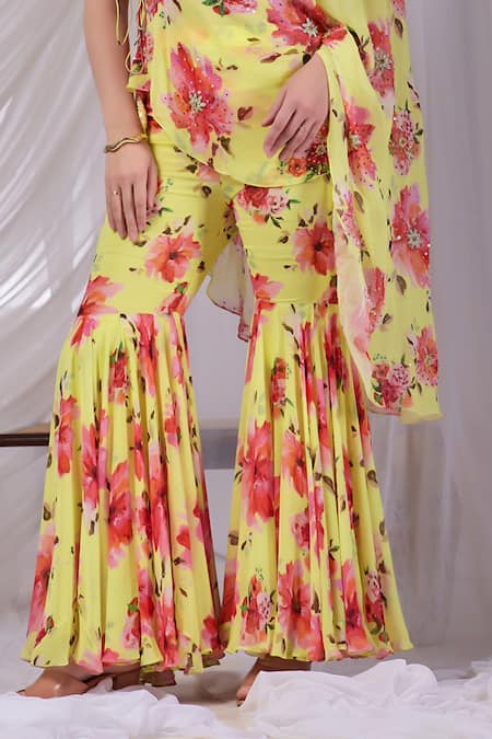 Shop_Damoiselle_Yellow Viscose Georgette Sequins, Stones, Citrus Bloom Draped Cape Sharara Set _Online_at_Aza_Fashions