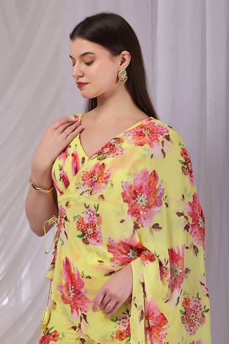 Damoiselle_Yellow Viscose Georgette Sequins, Stones, Citrus Bloom Draped Cape Sharara Set _at_Aza_Fashions