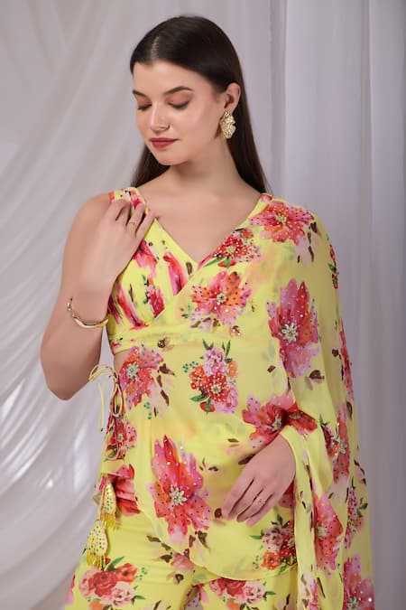 Buy_Damoiselle_Yellow Viscose Georgette Sequins, Stones, Citrus Bloom Draped Cape Sharara Set 