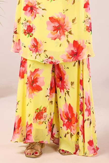 Shop_Damoiselle_Yellow Viscose Georgette Embroidery, Zari Sunehri Phool Printed Sharara Set _Online_at_Aza_Fashions