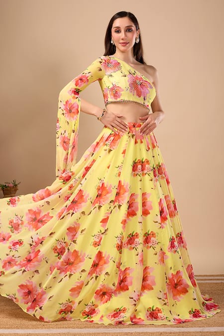 Damoiselle_Pink Viscose Georgette Embroidery One Shoulder Soleil Bloom Printed Lehenga Set _at_Aza_Fashions