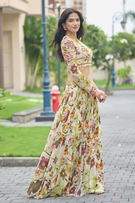 Damoiselle_Ivory Viscose Georgette Beads, Pearls, Wildflower Whimsy Printed Lehenga Set _at_Aza_Fashions