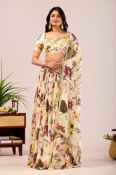 Damoiselle_Ivory Viscose Georgette Embroidery Dori Meadow Floral Print Lehenga Set _Online_at_Aza_Fashions