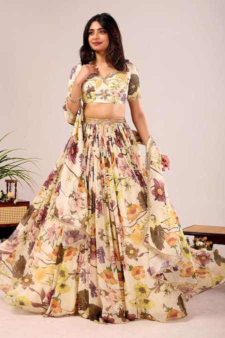 Shop_Damoiselle_Ivory Viscose Georgette Embroidery Dori Meadow Floral Print Lehenga Set _Online_at_Aza_Fashions