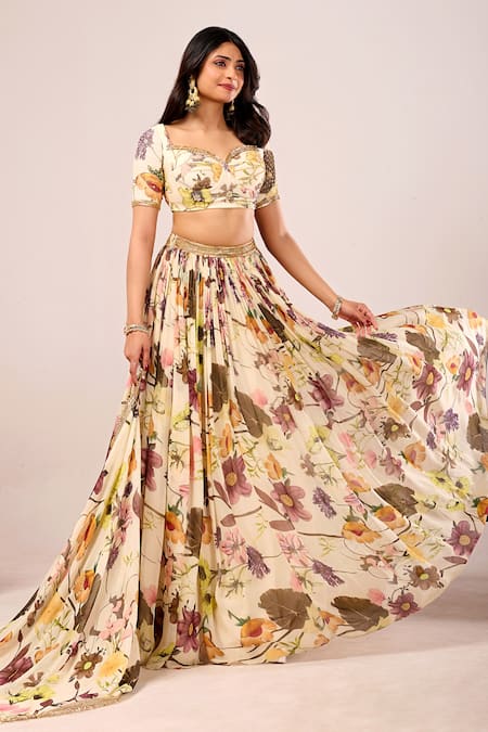 Damoiselle_Ivory Viscose Georgette Embroidery Dori Meadow Floral Print Lehenga Set _at_Aza_Fashions