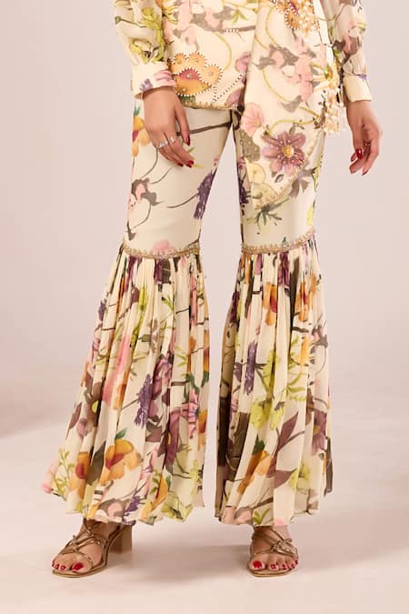 Damoiselle_Ivory Viscose Georgette Beads, Stones V-neck Dori Petal Printed Co-ord Pant Set _Online_at_Aza_Fashions