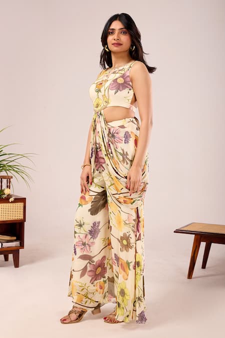 Damoiselle_Ivory Viscose Georgette Embroidery, Beads, Pearls, Dori Iris Printed Pant Set _Online_at_Aza_Fashions