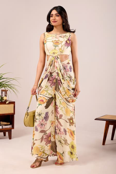 Buy_Damoiselle_Ivory Viscose Georgette Embroidery, Beads, Pearls, Dori Iris Printed Pant Set _Online_at_Aza_Fashions