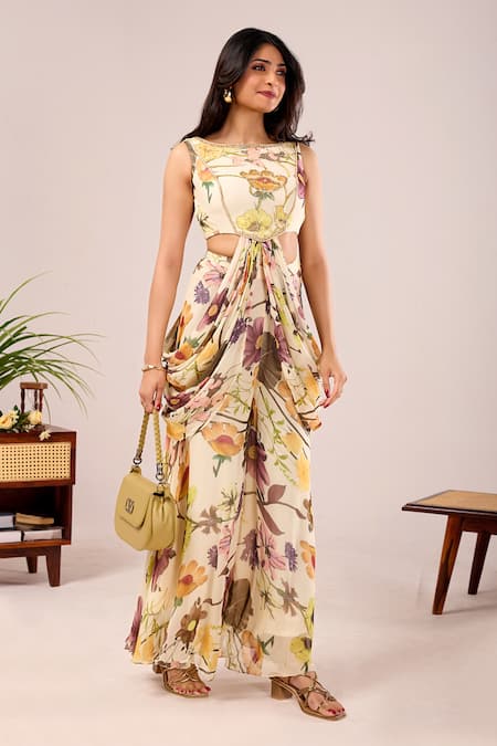 Shop_Damoiselle_Ivory Viscose Georgette Embroidery, Beads, Pearls, Dori Iris Printed Pant Set _Online_at_Aza_Fashions