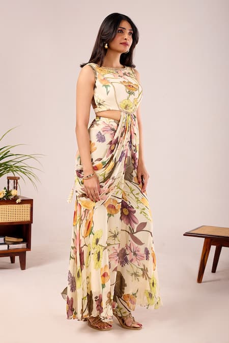 Damoiselle_Ivory Viscose Georgette Embroidery, Beads, Pearls, Dori Iris Printed Pant Set _at_Aza_Fashions