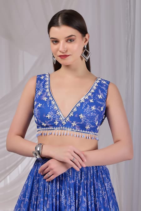 Damoiselle_Blue Viscose Georgette Embroidery, Beads V-neck Dori Neel Printed Lehenga Set _Online_at_Aza_Fashions