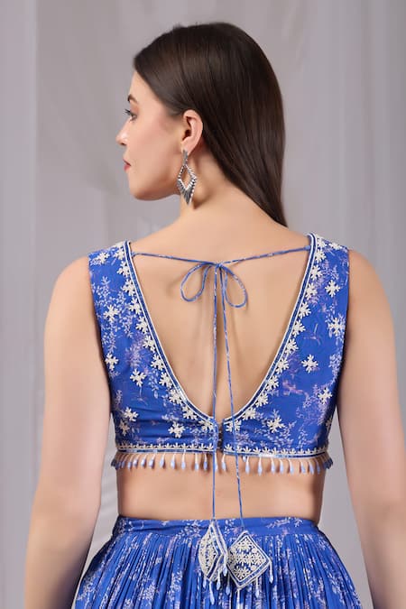 Shop_Damoiselle_Blue Viscose Georgette Embroidery, Beads V-neck Dori Neel Printed Lehenga Set _Online_at_Aza_Fashions