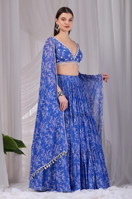 Buy_Damoiselle_Blue Viscose Georgette Embroidery, Beads V-neck Dori Neel Printed Lehenga Set 