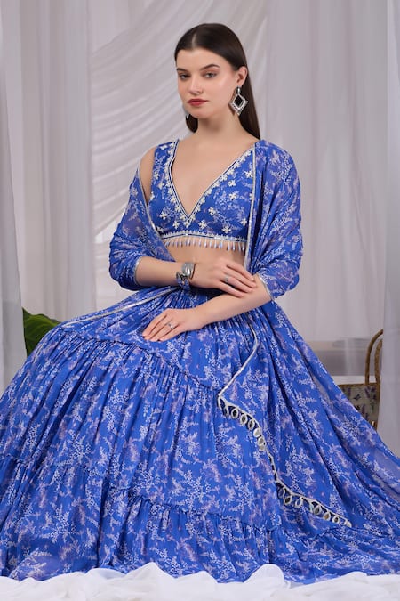 Shop_Damoiselle_Blue Viscose Georgette Embroidery, Beads V-neck Dori Neel Printed Lehenga Set 