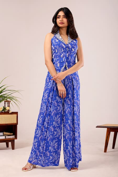 Damoiselle_Blue Viscose Georgette Beads, Mirrors Dori Lapis Printed Jacket Palazzo Set _Online_at_Aza_Fashions