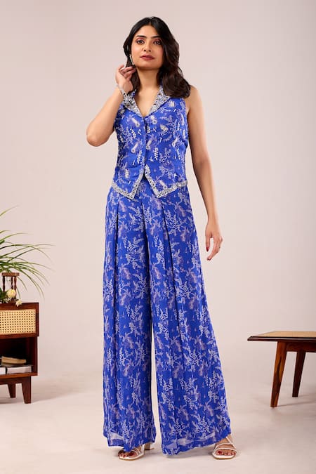 Shop_Damoiselle_Blue Viscose Georgette Beads, Mirrors Dori Lapis Printed Jacket Palazzo Set _Online_at_Aza_Fashions