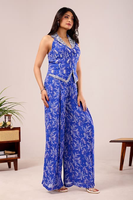Damoiselle_Blue Viscose Georgette Beads, Mirrors Dori Lapis Printed Jacket Palazzo Set _at_Aza_Fashions