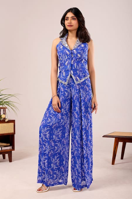 Damoiselle Dori Lapis Printed Jacket Palazzo Set 