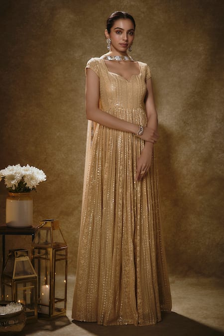 Renee label Sunehri Sequin Threadwork Viscose Georgette Anarkali & Dupatta Set 