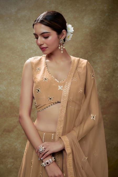 Renee label Brown Viscose Georgette, Crepe, Net Dahlia Stripe Pattern Lehenga Set Online at Aza Fashions Renee label_Brown Viscose Georgette, Crepe, Net Dahlia Stripe Pattern Lehenga Set _Online_at_Aza_Fashions