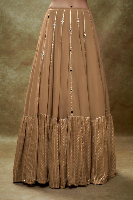 Buy Renee label Brown Viscose Georgette, Crepe, Net Dahlia Stripe Pattern Lehenga Set Online at Aza Fashions Buy_Renee label_Brown Viscose Georgette, Crepe, Net Dahlia Stripe Pattern Lehenga Set _Online_at_Aza_Fashions