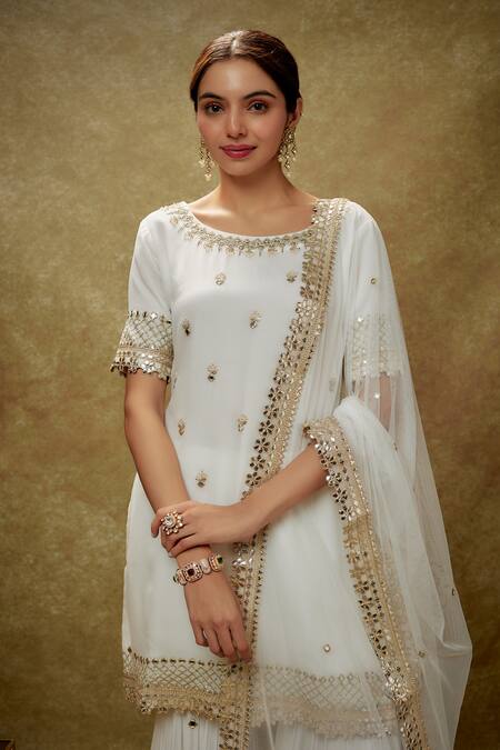 Renee label_Ivory Viscose Georgette, Net Mirrors, Jasmine Embroidered Kurta Sharara Set _Online_at_Aza_Fashions