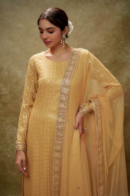 Renee label_Gold Viscose Georgette, Cotton Satin, Net Embroidery, Zoya Work Kurta Pant Set _Online_at_Aza_Fashions