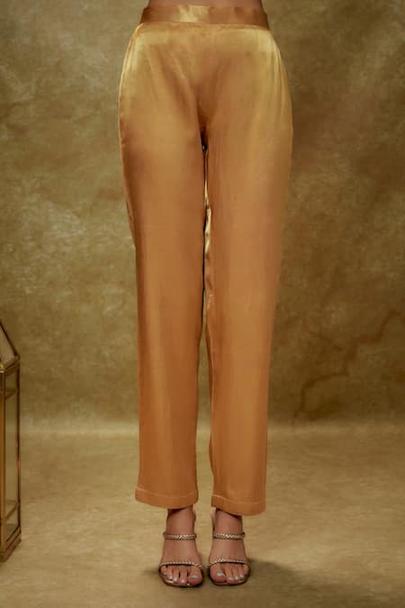 Buy_Renee label_Gold Viscose Georgette, Cotton Satin, Net Embroidery, Zoya Work Kurta Pant Set _Online_at_Aza_Fashions