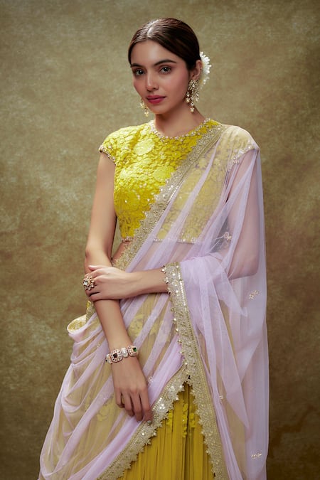 Renee label_Yellow Net Embroidery, Sequins, Cut Work Sweetheart Daffodil Thread Lehenga Set _Online_at_Aza_Fashions
