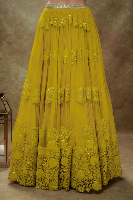 Buy_Renee label_Yellow Net Embroidery, Sequins, Cut Work Sweetheart Daffodil Thread Lehenga Set _Online_at_Aza_Fashions