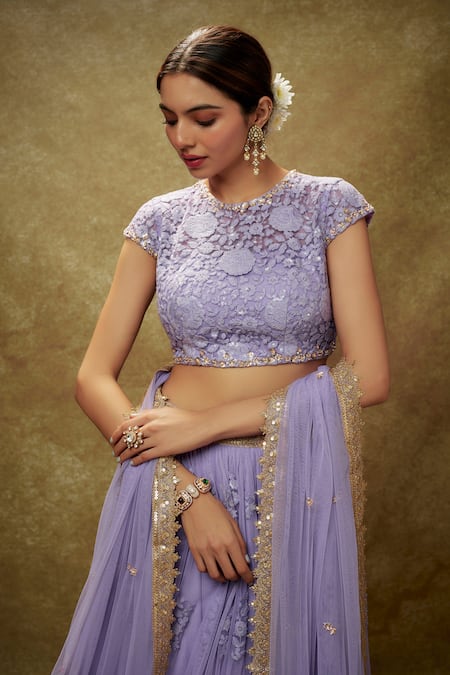 Renee label_Lavender Net Embroidery, Sequins, Cut Work Cosmos Floral Thread Lehenga Set _Online_at_Aza_Fashions