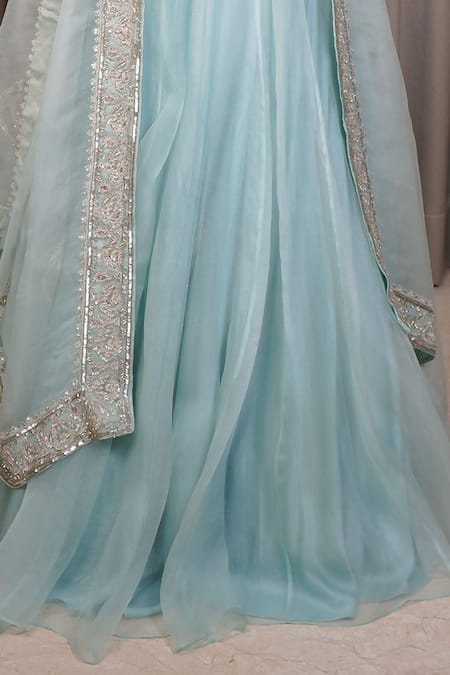 Esha Koul_Blue Organza, Chanderi, Crepe Sequins Sweetheart Neck Work Blouse Lehenga Set _Online_at_Aza_Fashions