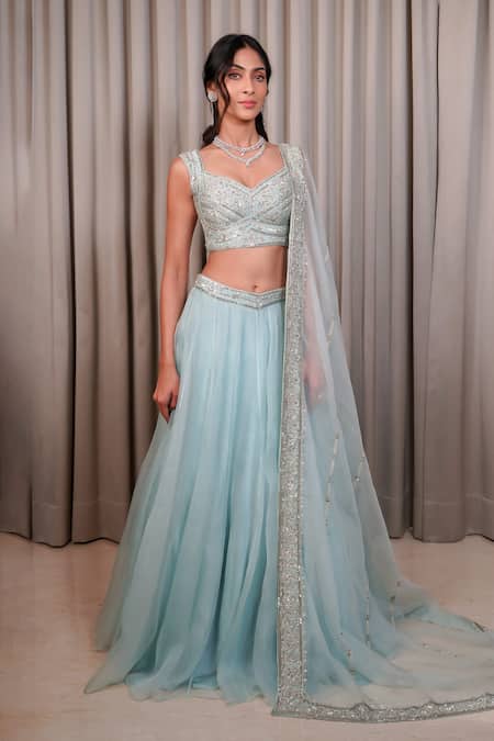 Shop_Esha Koul_Blue Organza, Chanderi, Crepe Sequins Sweetheart Neck Work Blouse Lehenga Set _Online_at_Aza_Fashions