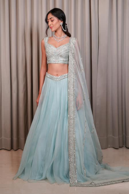Esha Koul_Blue Organza, Chanderi, Crepe Sequins Sweetheart Neck Work Blouse Lehenga Set _at_Aza_Fashions