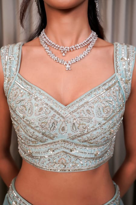 Shop_Esha Koul_Blue Organza, Chanderi, Crepe Sequins Sweetheart Neck Work Blouse Lehenga Set 