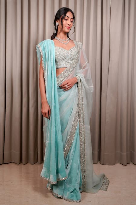 Esha Koul_Blue Chanderi, Velvet, Crepe Sequins, Zari Embroidered Saree With Blouse _Online_at_Aza_Fashions