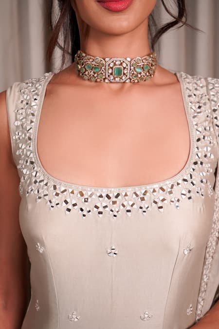 Buy_Esha Koul_Grey Chanderi, Organza, Crepe, Lycra Mirrors Scoop Neck Work Kurta Set _Online_at_Aza_Fashions