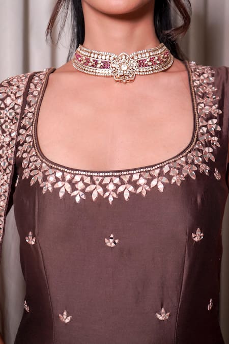 Shop_Esha Koul_Brown Organza, Chanderi, Crepe, Lycra Mirrors, Tassels Embroidered Kurta Set _Online_at_Aza_Fashions