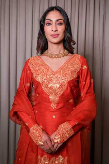 Esha Koul_Gold Silk, Organza, Crepe Embroidery, Zari Kashmiri Raw Kurta Pant Dupatta Set_at_Aza_Fashions