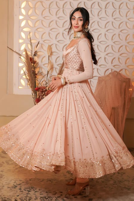 Buy_Esha Koul_Pink Silk, Georgette, Crepe Embroidery, Sequins, Embellished Jacket Anarkali Set _Online_at_Aza_Fashions