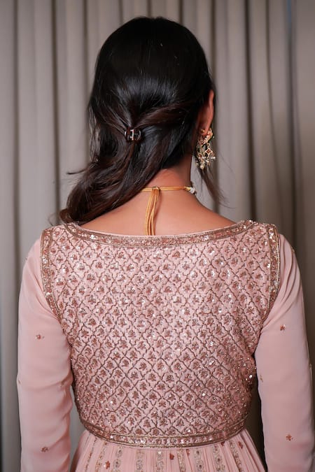 Esha Koul_Pink Silk, Georgette, Crepe Embroidery, Sequins, Embellished Jacket Anarkali Set _at_Aza_Fashions