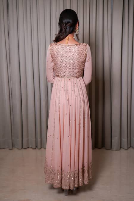 Shop_Esha Koul_Pink Silk, Georgette, Crepe Embroidery, Sequins, Embellished Jacket Anarkali Set 