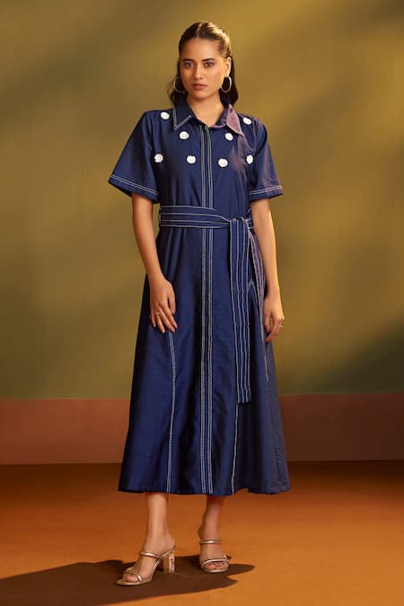 Savaaya Denim Floral Midi Dress With Belt 